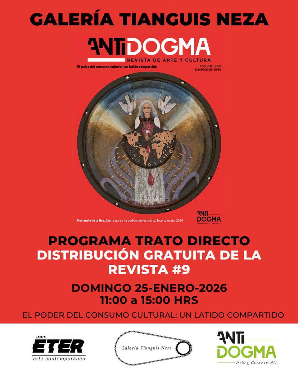 Acompáñanos: domingo 25 de enero, de 11 am a 3 pm, Galería Tianguis Neza, estaremos en su programa Trato Directo distribuyendo de manera gratuita ANTIDOGMA revista de arte y cultura 9 🤝

🔗 antidogma.org 

@AntidogmaArteyCultura @galeria_tianguis_neza 

#antidogmaorg