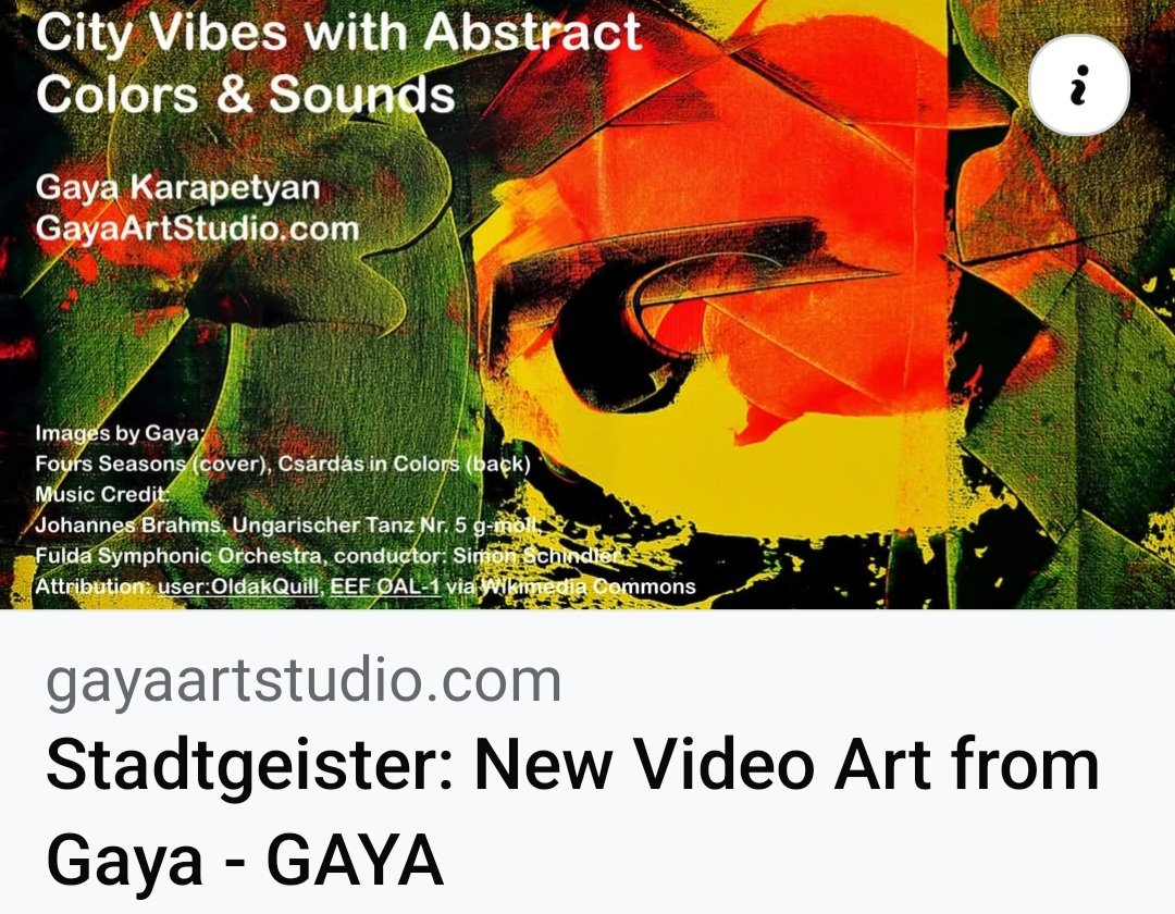 gayaartstudio.com/stadtgeister-n…
My Dear Art Lovers! 
My new video art project Stadtgeister,  or City Vibes with Abstract Colors &amp; Sounds explores the abstract art by Gaya with colorful cities to see, to feel, to love. 
Enjoy!
Gaya
Gayaartstudio.com