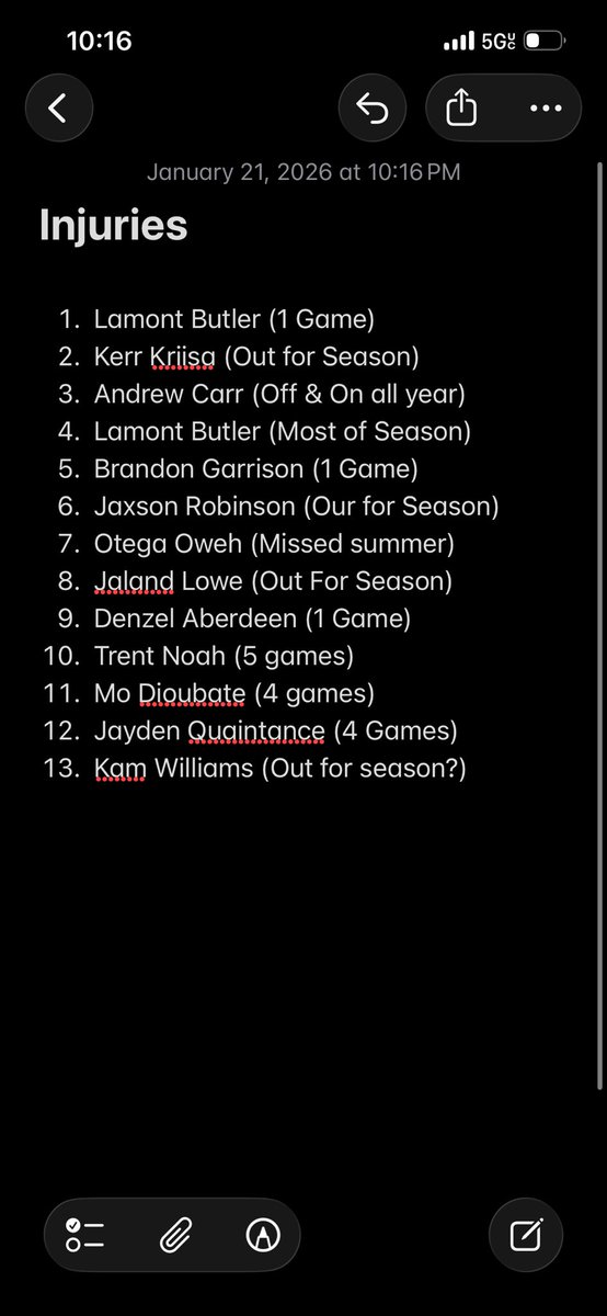 StevenPeakeKSR's tweet image. Did I miss any? 

If I didn’t, Mark Pope has had THIRTEEN different injuries to deal with in just a season and a half. 

4 of them potentially season ending. 3 of those to starters. 

It’s insanely bad luck that is just off the charts.