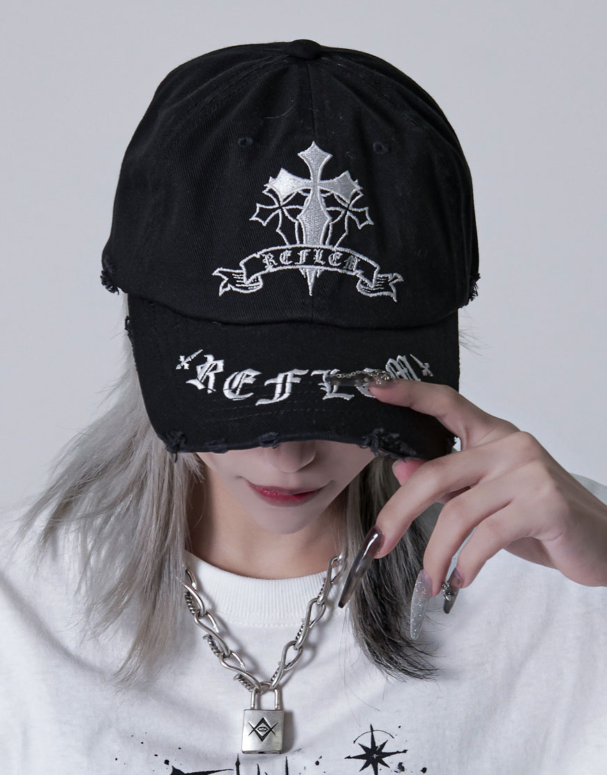 NEW ARRIVAL】 REFLEM【レフレム】 クロス刺繍ダメージデニムキャップ