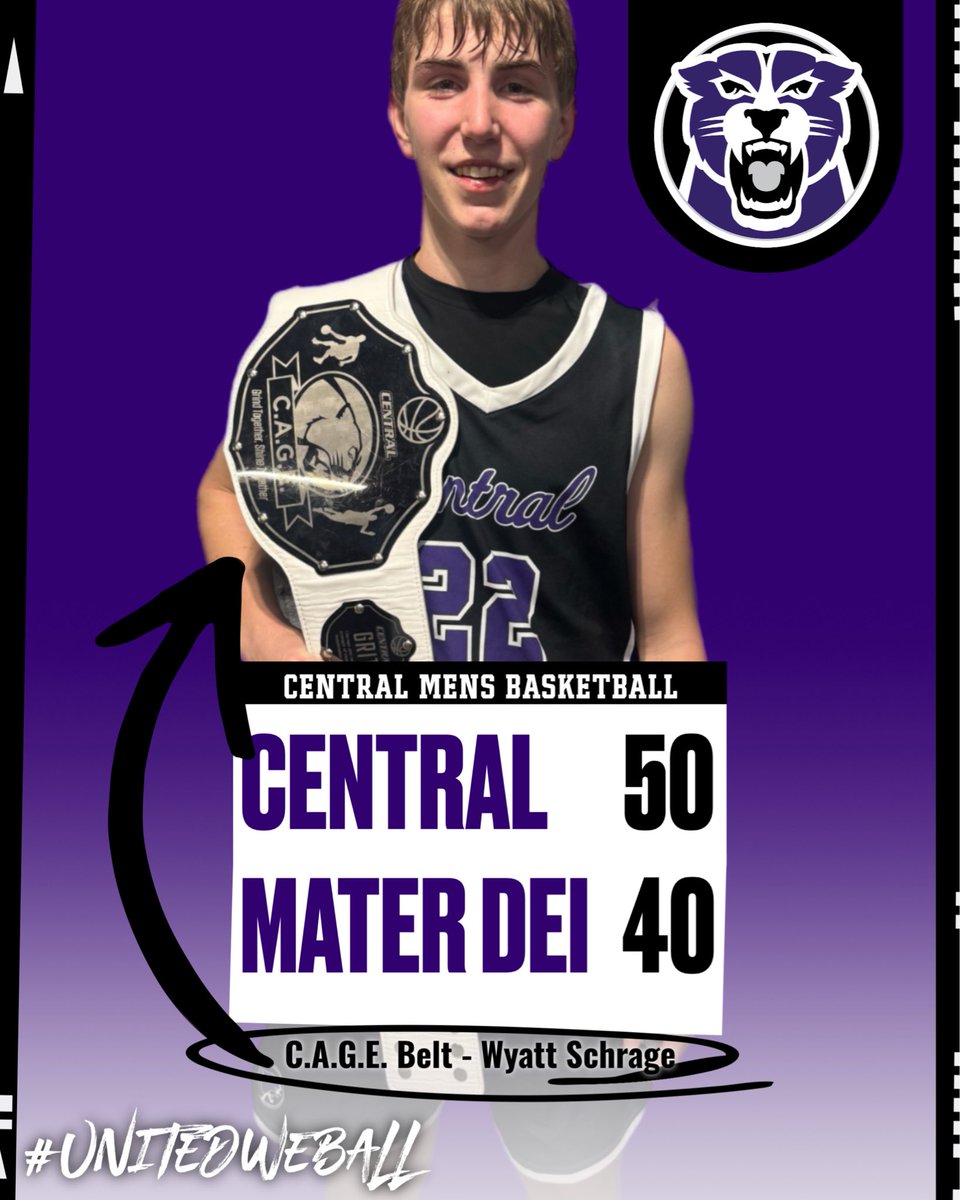 COUGS WIN!

Central - 50
Mater Dei - 40

Wyatt Schrage earns the C.A.G.E. Belt with 9 pts and 5 rebs.  

Haar adds 16, Wieter has 10 pts/10 rebs. Burgmeier chips in with 9.
Next game: Fri 1/23 vs Marion at the NIT.

#TraditionNeverGraduates
#UnitedWeBallDividedWeFall