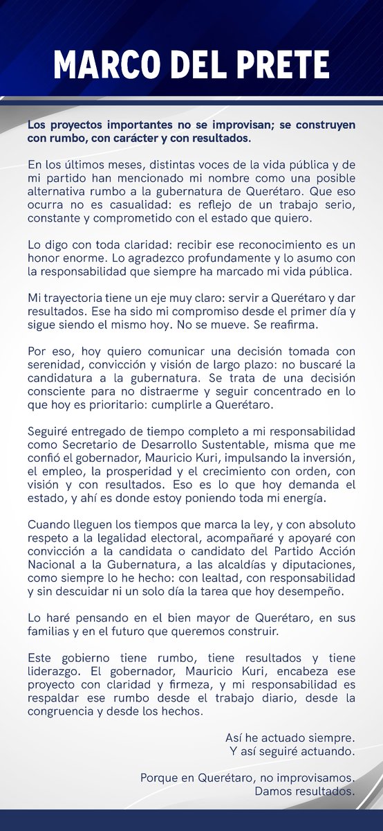 Los proyectos importantes no se improvisan; se construyen con rumbo, con carácter y con resultados.

En los últimos meses, distintas voces de la vida pública y de mi partido han mencionado mi nombre como una posible alternativa rumbo a la gubernatura de Querétaro. Que eso ocurra
