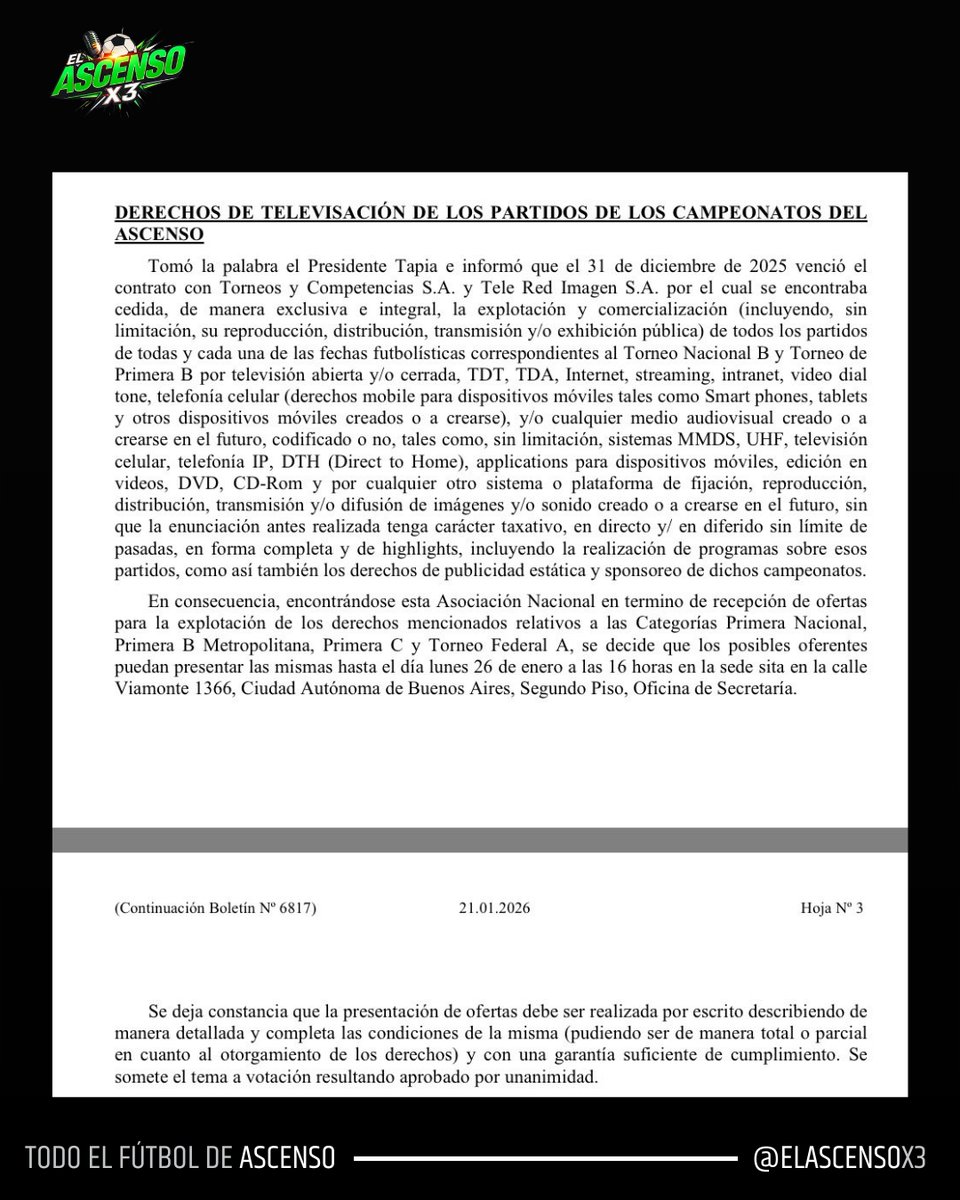 ElAscensox3's tweet image. ⚠️ BOMBA EN EL FÚTBOL DE ASCENSO 💣 

La AFA anunció hoy 22-1 que abre una LICITACIÓN por los DERECHOS de TV del ASCENSO! 

📺 Venció el contrato de televisación con Torneos y TRISA

🏟️ La AFA abrió la licitación por los derechos del Ascenso:
👉 Primera Nacional
👉 Primera B
👉…