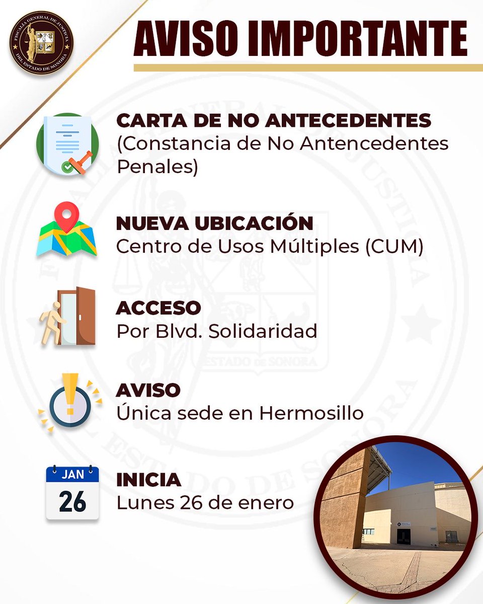 📢 AVISO IMPORTANTE

¿Buscas tu Carta de No Antecedentes?
(Su nombre oficial es Constancia de No Antecedentes Penales)

Con el objetivo de mejorar la atención a la ciudadanía, informamos que el servicio en Hermosillo ha sido reubicado y se brindará ÚNICAMENTE en:

📍 Centro de