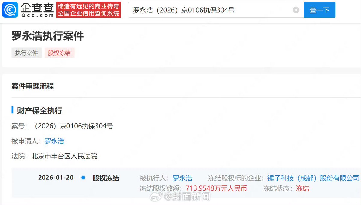 罗永浩所持714万股权被冻结唉………