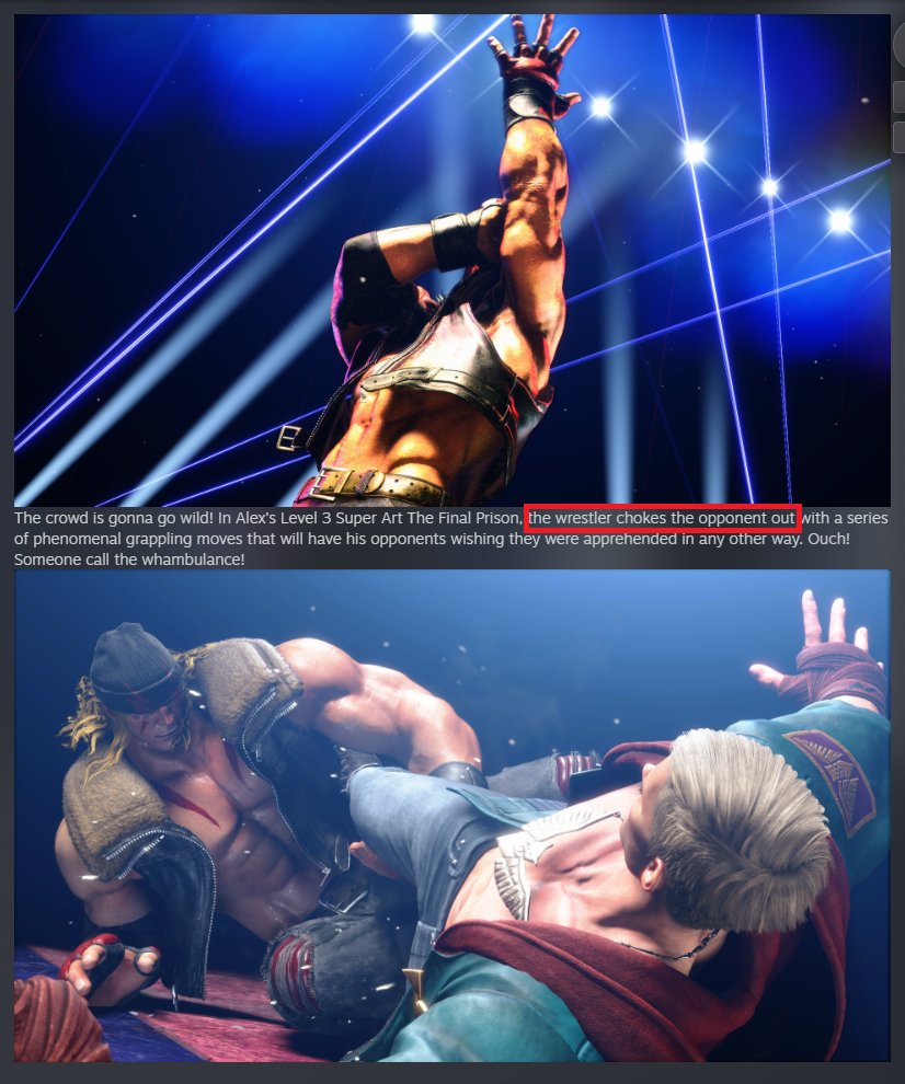 DNAgent's tweet image. Alex has a level 3 that makes the opponent pass out from a leg lock instead of tapping out. Even the Steam description of it doesn't make sense. I hope the lvl 3 was changed because you can't choke someone out by putting them in a leg lock. #StreetFighter #StreetFighter6