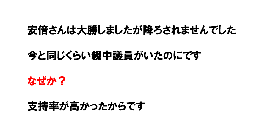 Cait_Sith_co's tweet photo. 自民が大勝すると
リベラル議員も増えて
中から高市さんが降ろされる？
↓
ないです
↓
安倍さんは大勝しましたが降ろされませんでした

支持率が高かったからです

第2次安倍内閣　65％
高市内閣支持率　71％
↓
降ろされません

逆に降ろされたのはどういう時か？
↓
選挙に負けた時です

石破内閣選挙３連敗 →臨時総裁選（事実上の更迭）

高市さんを支持するなら
自民に勝たせないと

＃高市支持なら自民党
＃早苗推しなら自民党