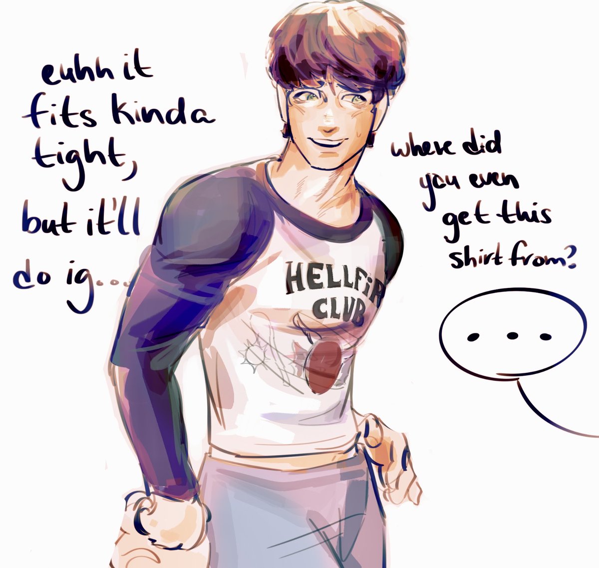 Zeelieeee's tweet image. Will tries on Mikes shirt #byler