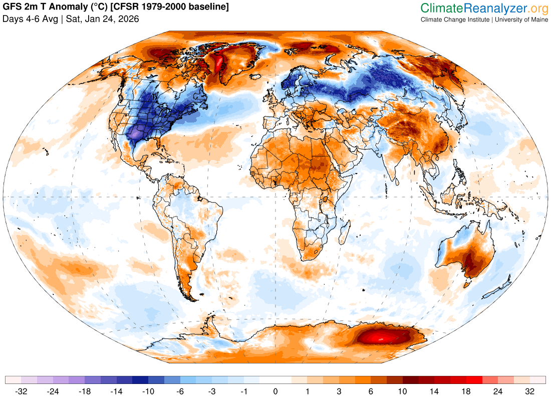 Next week the US will have the "relative" coldest air on Earth. But notice the mid-latitudes in general from the US to Europe to Russia feature of band of cold anomalies, whereas the Arctic is warm all around. That's precisely why the cold is being displaced south.