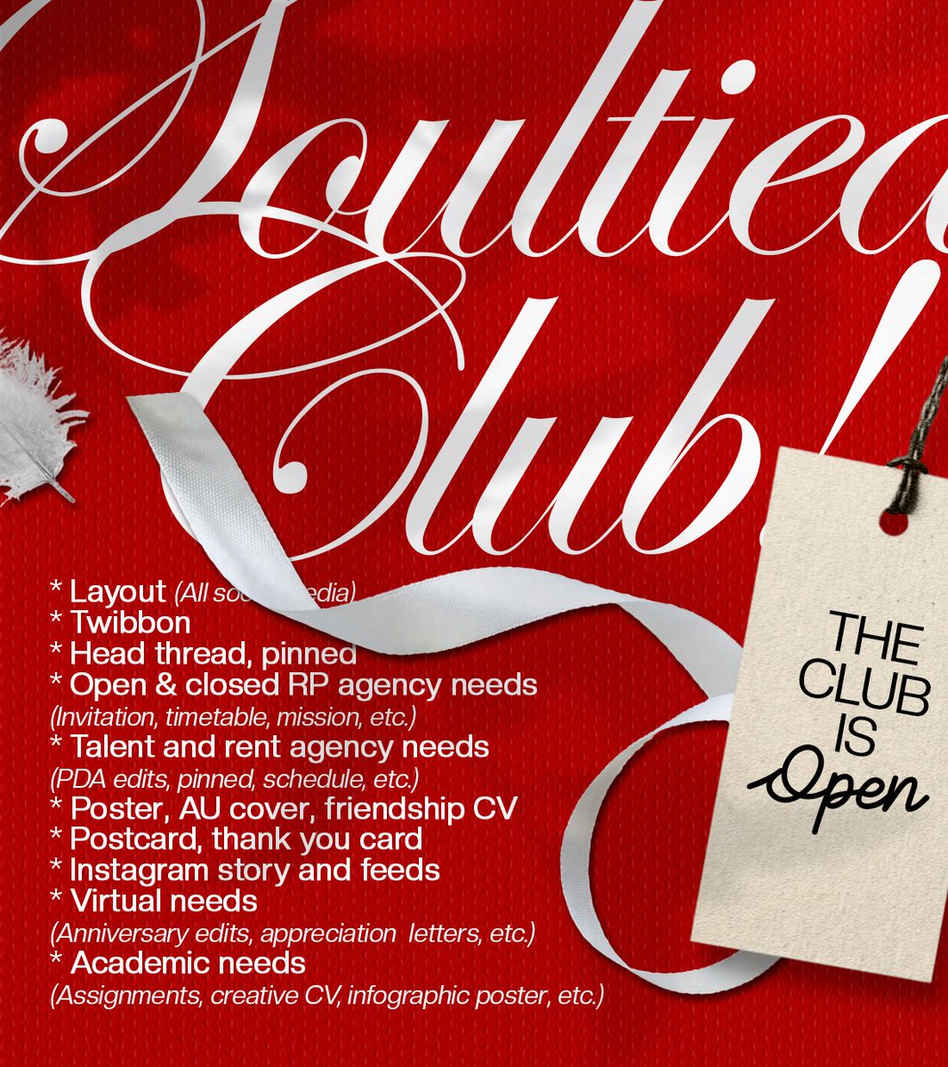 tiedbysouls's tweet image. Help repost? Thank you!

Soultied Club buka untuk kamu yang butuh custom edit seperti poster, layout, FCV, kebutuhan RP/RL/rent, twibbon, dan lain-lain. Whatever you need, let’s make it happen! WA or Tele for any inquiries. X #zonauang