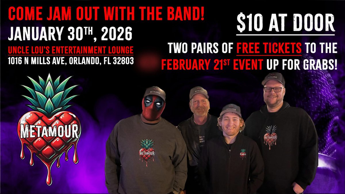 MetamourEvents's tweet photo. Jam Night Uncle Lou's Entertainment Hall: Orlando, FL 32803 - 1/30/26

This is a vanilla event, not a lifestyle meet and greet, doesn't mean you can't come check out the band! We will be giving away FREE Tickets to our show on February 21st!

$10 cover at the door CASH ONLY! https://t.co/GNu2ClEVc1