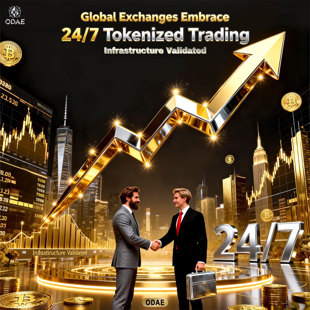 odaeofficail's tweet photo. ODAE Insight | Global Exchanges Embrace 24/7 Tokenized Trading, Infrastructure Validated

With major traditional exchanges developing 24/7 blockchain-based tokenized securities trading and settlement systems, tokenization is moving from experimental innovation to core financial infrastructure https://t.co/WvpnETxYM9 this stage, sustained, compliant, and around-the-clock operational capability becomes the key criterion for platform value.

ODAE System Strengths:
24/7 trading-compatible architecture enabling continuous tokenized asset matching and settlement beyond traditional market hours
Instant settlement with stablecoin support boosting liquidity and capital efficiency
Embedded compliance and regulatory adaptation mechanisms prepared for multi-jurisdiction alignment
Global asset-grade infrastructure design supporting cross-market and cross-asset tokenization operation

As global exchanges begin to deploy continuous tokenized trading infrastructure, tokenization is shifting from innovation tests toward structured financial infrastructure.
ODAE is advancing its technology and compliance frameworks in line with this evolution, aiming to build a sustainable, stable, and compliant tokenized asset operating system.

#ODAE #ODAEexchange #Tokenization #StockTokenization #AssetTokenization #RWA
#RealWorldAssets #24x7Trading #FinancialInfrastructure #SystemStability
#InstitutionalGrade #OnChainAssets #ComplianceByDesign #SettlementSystem
#DigitalFinance #GlobalMarkets #BlockchainInfrastructure