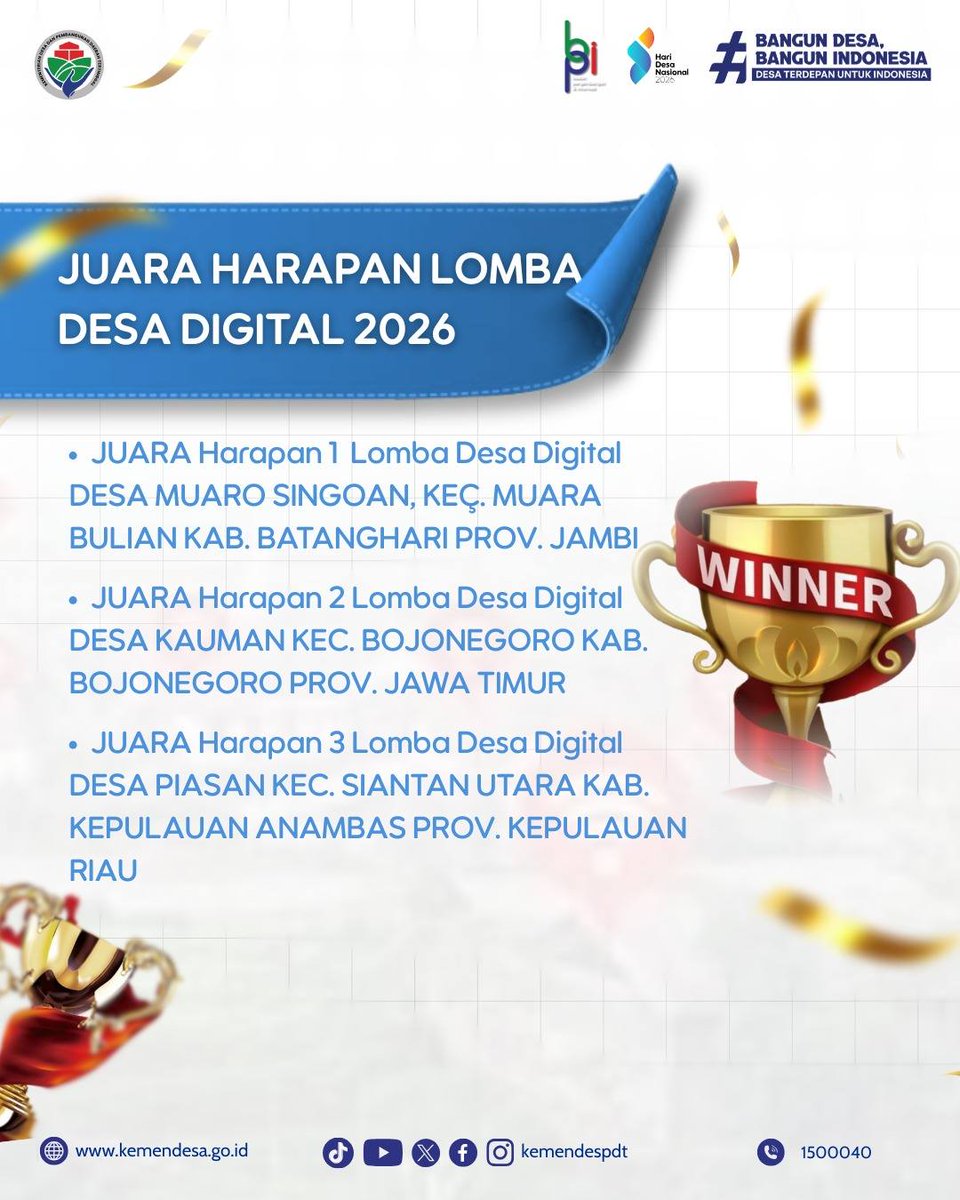 Terima kasih dan apresiasi setinggi-tingginya kepada seluruh peserta, pemerintah desa, serta pihak-pihak yang terlibat. Semoga capaian ini menjadi inspirasi bagi desa-desa lain untuk terus berinovasi.
#KemendesPDT
#BangunDesaBangunIndonesia
#LombaDesaDigital