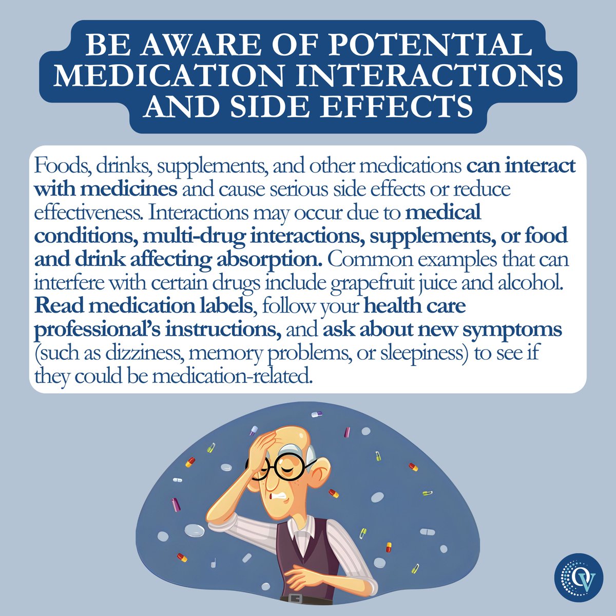 OneVoiceHC's tweet image. Happy #WellnessWednesday! 💙 Whether you’re settling into your 70s or heading into your 90s, it's important to be careful when taking medicines, and aware of the increased risks for seniors. 💊 
#onevoice #togetherwethrive
#medicationsafety #seniorhealth