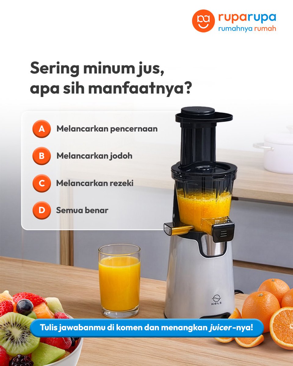 Hayo kira-kira apa ya manfaat dari minum jus? Buat yang rajin minum jus pasti tau jawabannya sih😉

Oh iya ruparupa lagi bagi-bagi juicer buat 2 orang beruntung lho, yuk ceki ceki postingan giveaway-nya👇🏻

instagram.com/p/DTjWjJtk21a/…

#giveaway #bagibagihadiah