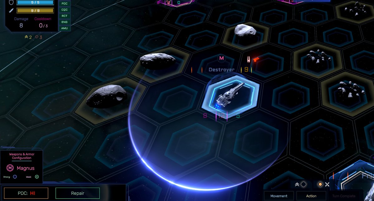 ProjectEmber's tweet photo. "Overcharging" a ship's Point Defense Cannons (PDC's) will increase their chances of intercepting an incoming torpedo, but use this strategically. The excess ammo burn will cost one of the defending ship's supply points. 

#SciFi #indiegame #strategy #turnbased #grandstrategy https://t.co/O0EAyHdI80