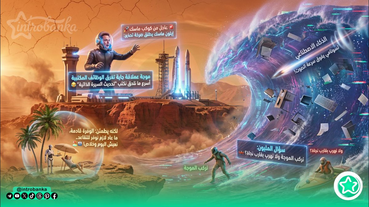 Introbanka's tweet photo. 🚨 عاجل من كوكب ماسك 🚀

إيلون ماسك يطلق صرخة تحذير:
"الذكاء الاصطناعي تسونامي يفوق سرعة الصوت!" 🌊✈️💥

يعني: موجة عملاقة جاية تغرق الوظائف المكتبية أسرع ما نلحق نكتب "تحديث السيرة الذاتية" 😂

لكنه يطمئن: الوفرة قادمة، ما عاد لازم نوفر للتقاعد.. نعيش اليوم وخ��اص! 🏖️🤖

سؤال المليون: نركب الموجة ولا نهرب بقارب نجاة؟ 🛶

#إيلون_ماسك #ai #الذكاء_الاصطناعي