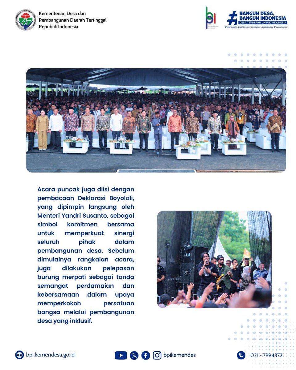 Puncak peringatan Hari Desa Nasional 2026 digelar meriah di Lapangan Desa Butuh, Kecamatan Mojosongo, Kabupaten Boyolali, Jawa Tengah, pada Kamis (15/1/2026). 
#HariDesaNasional2026
#KemendesPDT
#BangunDesaBangunIndonesia