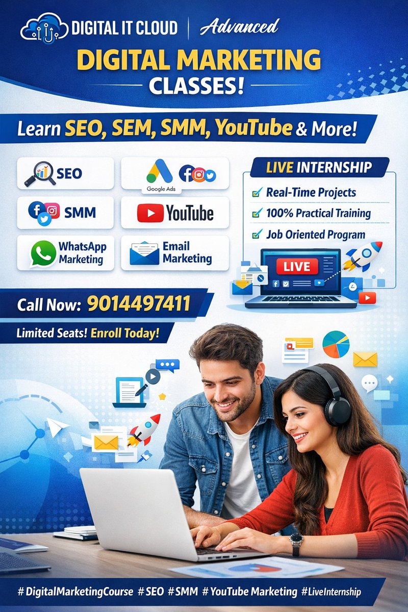 digitalsudhakar's tweet photo. Boost your career with our Digital Marketing Course! Learn SEO, Google Ads, Social Media &amp; AI tools with live internship, real-time projects, expert trainers, and job-focused skills. Perfect for students &amp; professionals.
visit:https://t.co/X0lO0J4Xg4 https://t.co/z5vQQLgs9I