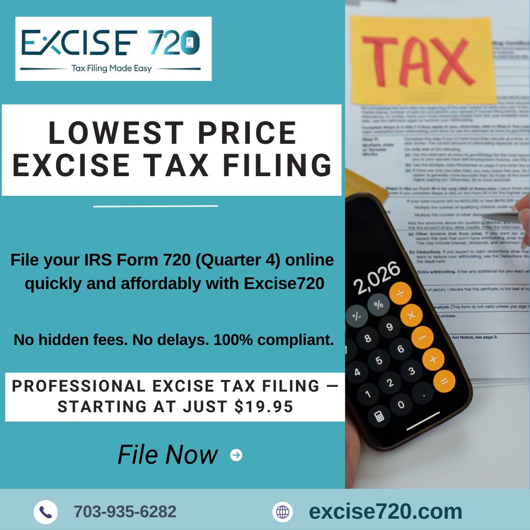 excise720's tweet image. Lowest Price Excise Tax Filing with Excise720
Save time and money on your Quarter4 IRS Form 720 filing.
With Excise720, you get fast, secure, and IRS-accepted excise tax filing  starting at just $19.95.
 excise720.com

#Excise720 #Form720 #ExciseTaxFiling #LowestPrice
