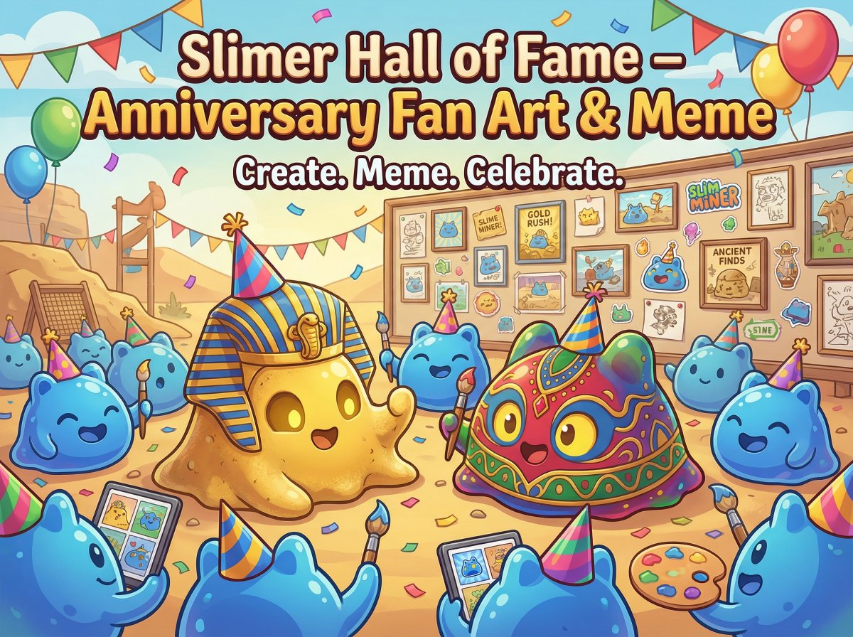 Slime_Miner's tweet photo. 🏆 Slimer Hall of Fame –  Show us your Slime Miner creativity! 🎨

🗓️ Jan 22 Thurs ~ Jan 31 Sat 23:59 UTC

It’s finally here — Slime Miner turns 1 today! 🎂
Over the past year, we’ve dug deeper than ever — together.
And starting today, we’re opening something special for our community.

To celebrate our 1st Anniversary, we invite you to share your Slime Miner–inspired meme or fan art and be part of our Hall of Fame.

How to join:
1️⃣ Follow @Slime_Miner
2️⃣ Like & RT this post
3️⃣ Reply with your meme or fan art 👇

🎁 Rewards (5 Winners)

This is just the beginning of our 1st Anniversary celebration.
Let’s end it with creativity! 🎉 #SLIMEX #SlimeMiner #1stAnniversary