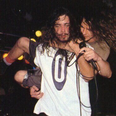 Eddie Vedder and Chris Cornell backstage at the "Drop in the Park" concert on Sept 20, 1992 . Two legends at the height of the grunge era. Photo by Lance Mercer.