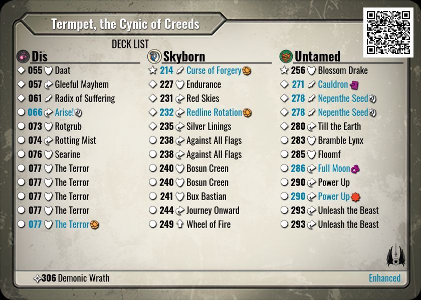 A deck with 5 copies of The Terror has been found!
                
Termpet, the Cynic of Creeds

keyforgegame.com/deck-details/d…

#keyforge #collectorworm