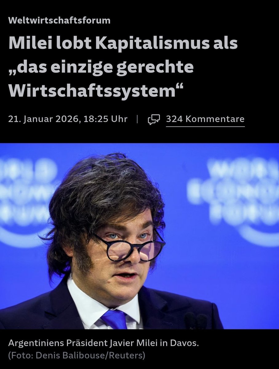 In #Davos hörten wir gestern einen  Präsidenten Javier #Milei sagen, was dort sonst niemand zu sagen wagt: "Kapitalismus ist nicht nur produktiv, sondern das einzige gerechte Wirtschaftssystem".  Jeder staatliche Eingriff verletzt Eigentum. Punkt.

Der Wirtschaftswissenschaftler