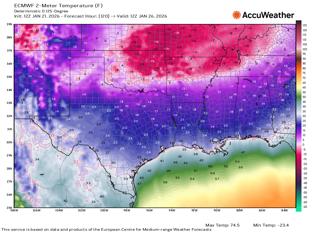 TheTannerRyan's tweet photo. ECMWF (Euro) shifted slightly North. GFS (US) still a mess, CMC (Canada) closeish with original ECMWF. Should lock in over next day or so.

Temperatures are trending a bit lower now. Almost all of Texas will go below freezing. #atxwx https://t.co/Foo6cFKe0v