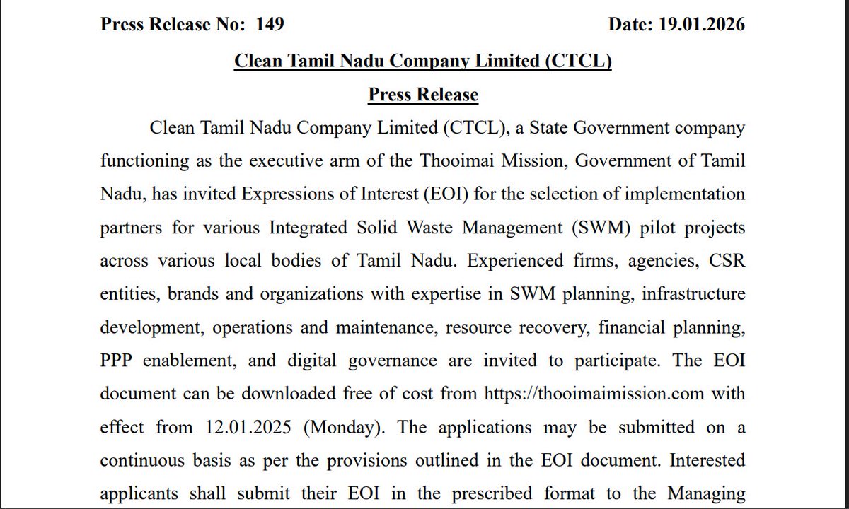 ZERO WASTE TO LANDFILL PROJECT LAUNCHED BY TN GOVT: 

- Clean Tamil Nadu Company Ltd (CTCL), a TN govt company has invited solid waste management partners for executing these projects
-The projects aim to ensure that every gram of generated waste is reused/recovered so that