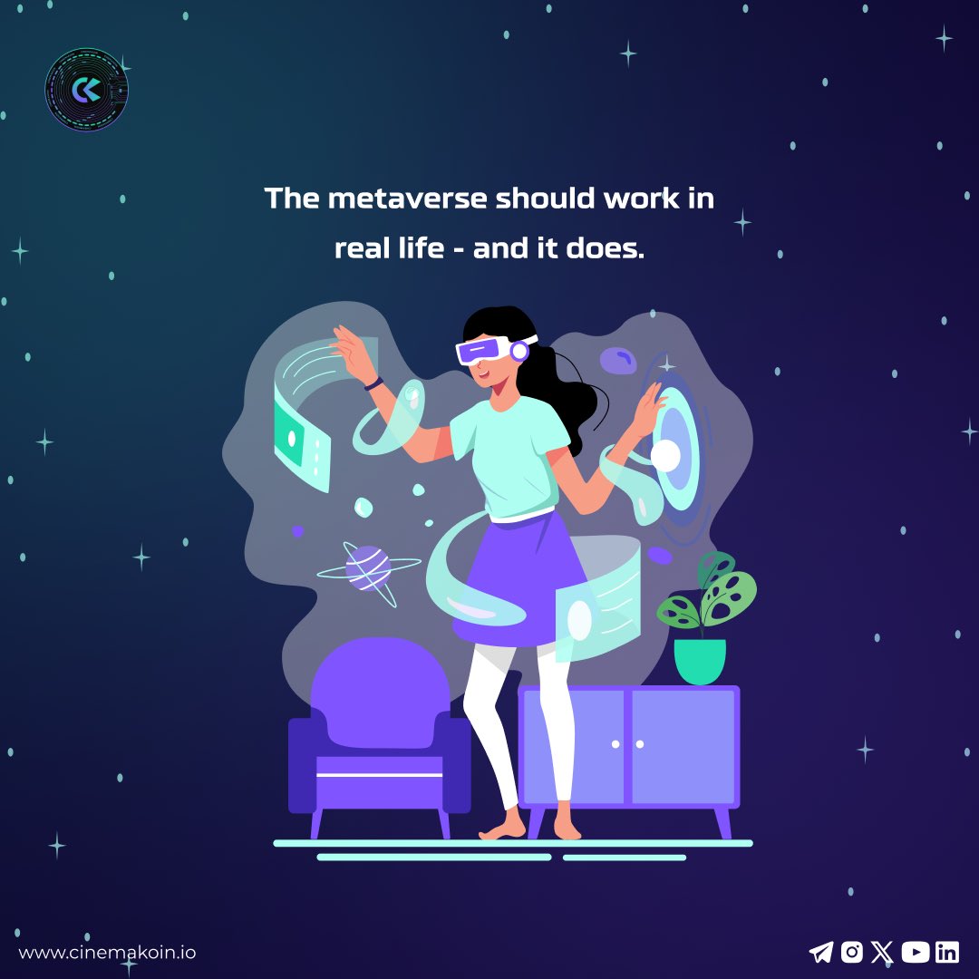 Cinemaverse blends virtual and real economies.

Not an escape—an upgrade.

#CinemaKoin #CryptoDaily #crypto #Bitcoin #Blockchain #BTC #cryptocurrency #ethereum #nfts #ck #cswap #cinemarketplace #CryptoCommunity #CryptoNews #Metavers #DreamWorld