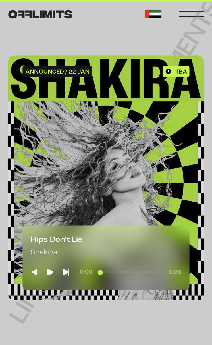Shakira se presentará el 4 de abril en Abu Dhabi 🇦🇪 y será la artista principal del OFFLIMITS FESTIVAL en su segunda edición. Los boletos salen a la venta el sábado, 24 de enero.
offlimits.com