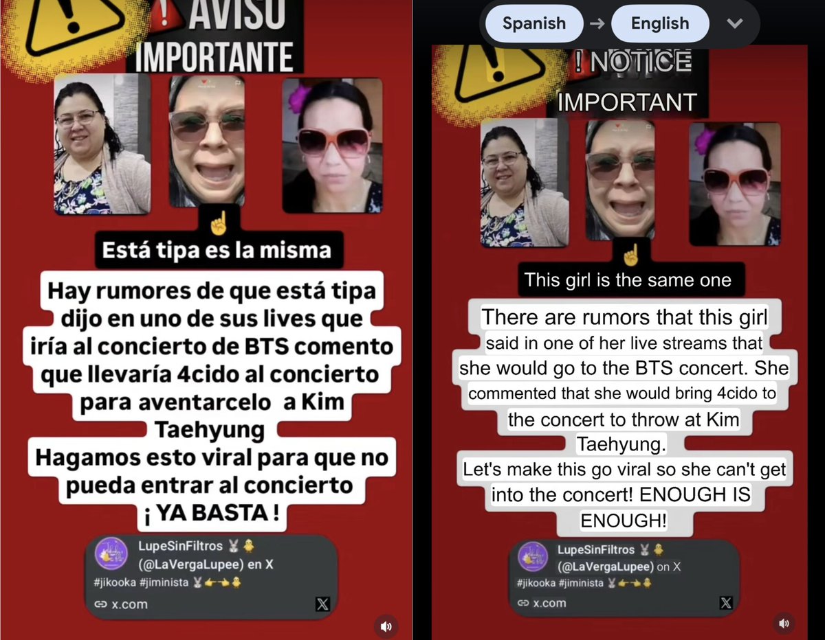 divinegria's tweet image. This granny JIKOOKER (@.LaVergaLupee) is planning to harm Taehyung during bts concert in Mexico. That’s the same btch who contacted SK ambassador &amp;amp; the CEO of HYBE Mexico, accusing 🐯 of fueling hate towards🐥 for interacting with his own fans. CAN ARMYS FINALLY MOVE FOR HIM???