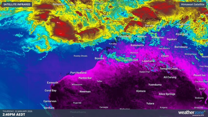 weatherzone's tweet image. A tropical low gaining strength to the north of #WesternAustralia has a high chance of approaching the Kimberley coast as a #tropicalcyclone this weekend.

📷 This enhanced infrared satellite image shows cloud to the north of WA on Thursday, January 22, 2026.