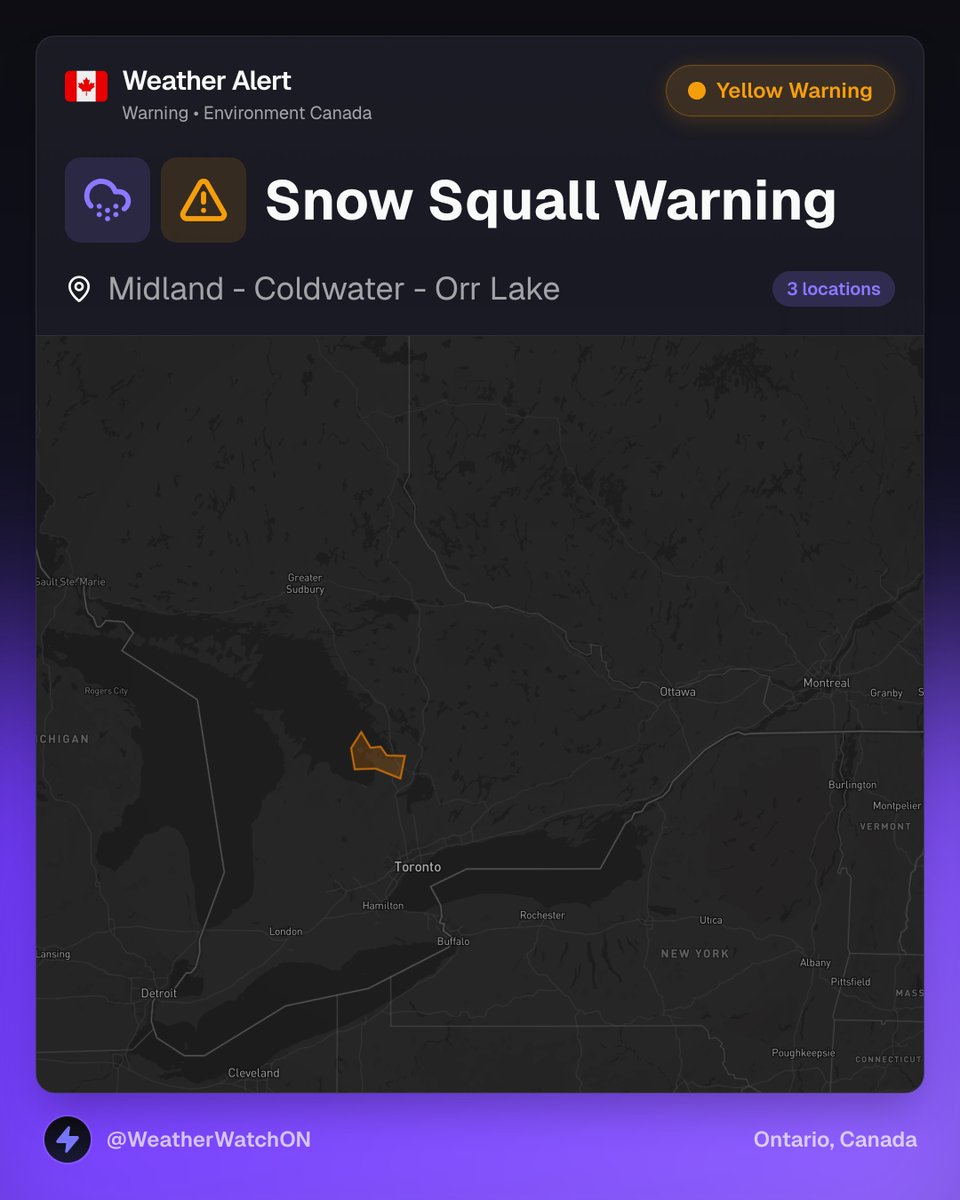WeatherWatchON's tweet image. 🔻 ❄️ SNOW SQUALL WARNING DOWNGRADED
🟠 ORANGE LEVEL → 🟡 YELLOW LEVEL
🗓️ Local time 11:24 pm
Environment Canada has downgraded this alert

• Midland
• Coldwater
• Orr Lake

#ONStorm #ONwx