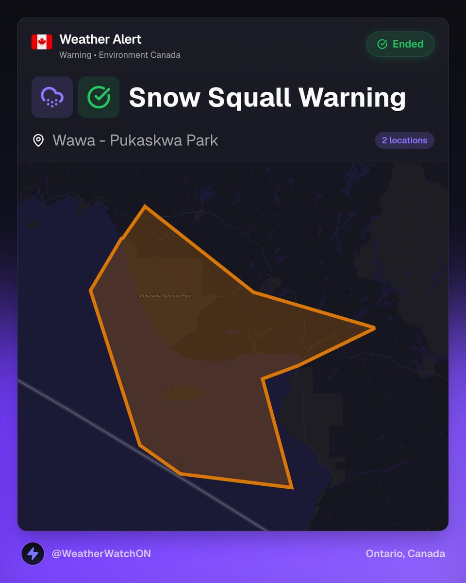 WeatherWatchON's tweet image. ✅ ❄️ SNOW SQUALL WARNING ENDED
🟡 YELLOW LEVEL
🗓️ Local time 11:25 pm

The alert has ended for:
• Wawa
• Pukaskwa Park

#ONStorm #ONwx