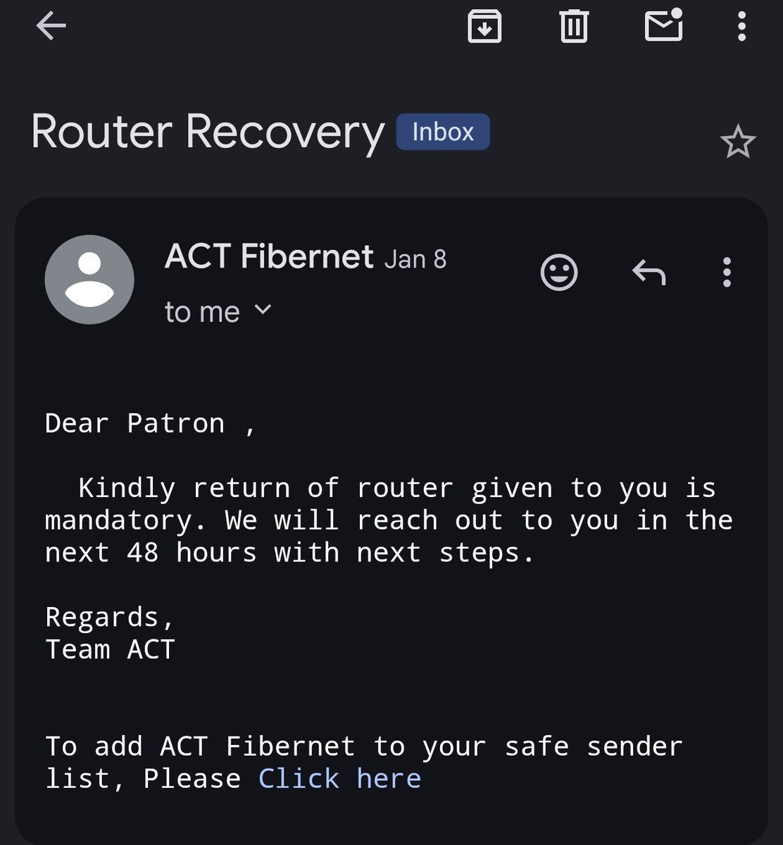 nenintheOO7's tweet image. Extremely disappointed with @ACTFibernet. My connection was disconnected due to technical issues on their end. I have a 3-month pending refund, but they are purposefully delaying the router collection to avoid paying back my balance. (1/2) 
#CustomerService #ACTFibernet