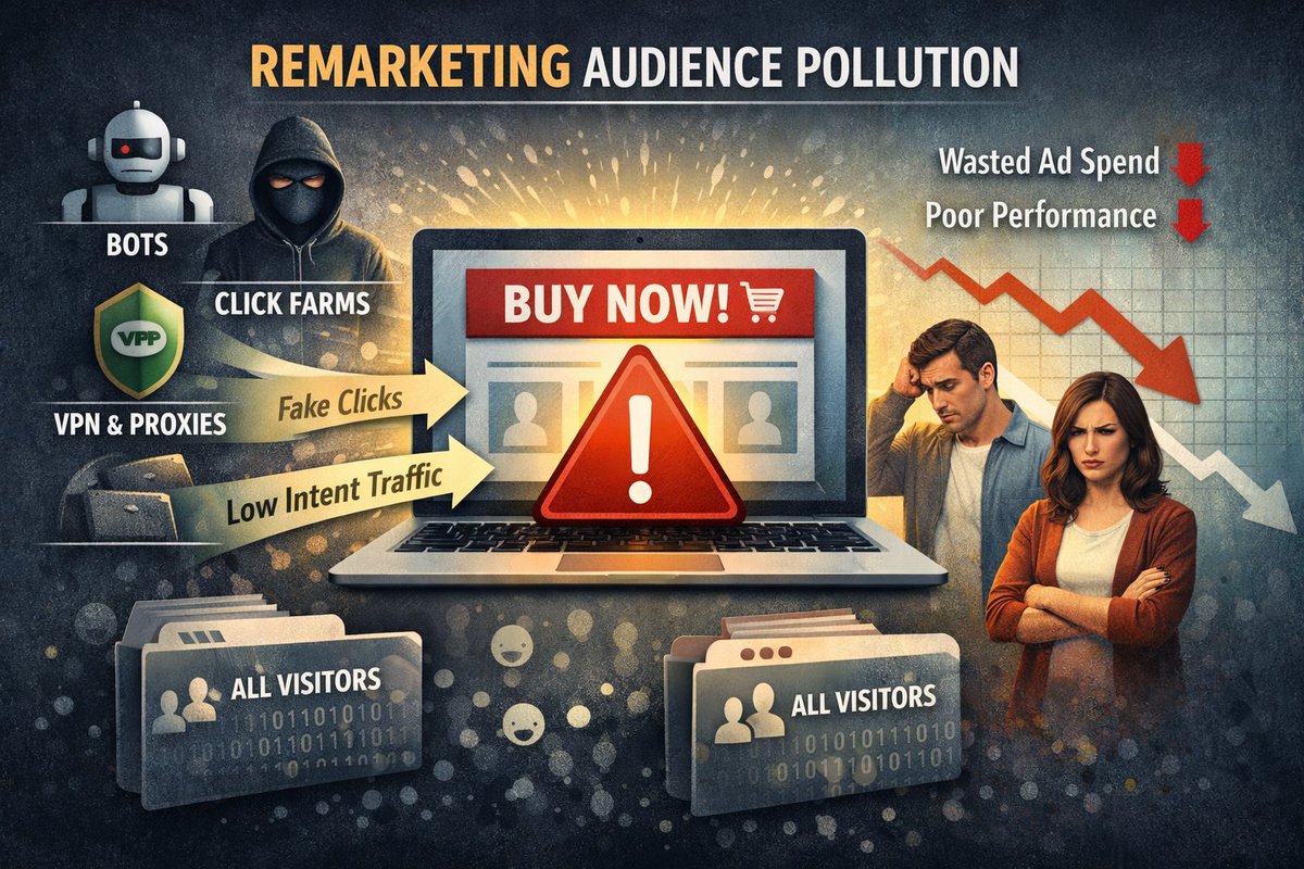 Clixtell's tweet photo. Click fraud can quietly break remarketing. It pollutes retargeting audiences, drives CPA up, and pulls ROAS down. This guide shows how to spot the pattern, clean your audiences, and prevent it in 2026 with @Clixtell 

https://t.co/OFItcMG8K6 https://t.co/al19DYd3WV