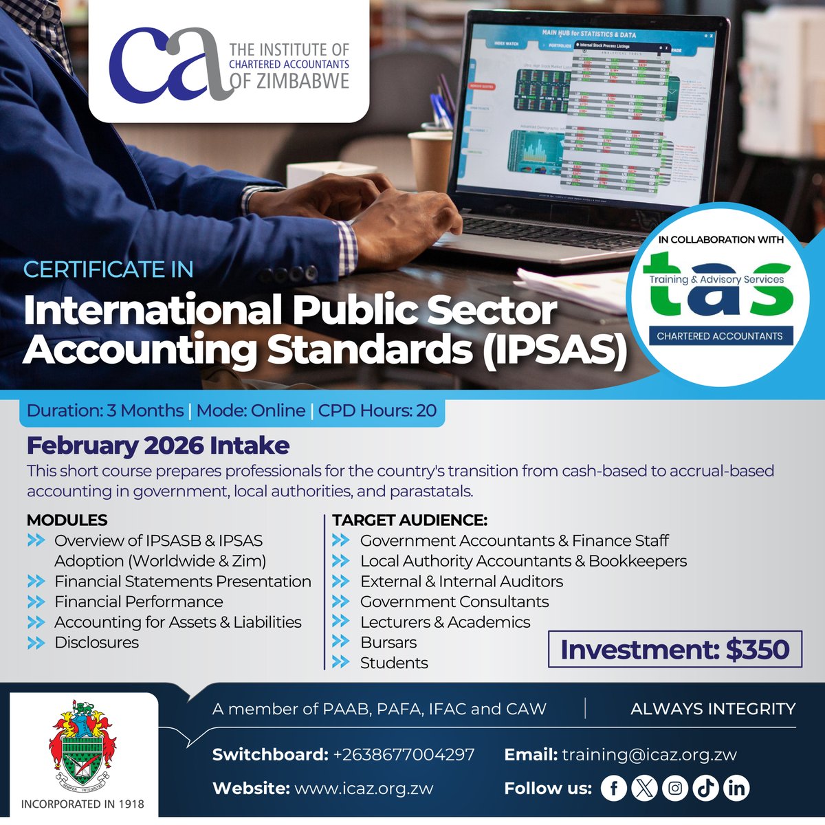 ICAZ_ZW's tweet photo. Master #IPSAS and lead Zimbabwe’s shift to modern public finance.
Open to public sector finance professionals. USD 350.
📅 February 2026 intake
Apply: https://t.co/LuNbtikzap
📞 +263 772 708 052
#IPSAS #PublicFinance #Accounting #AlwaysIntegrity https://t.co/M6KBi9P6Sh