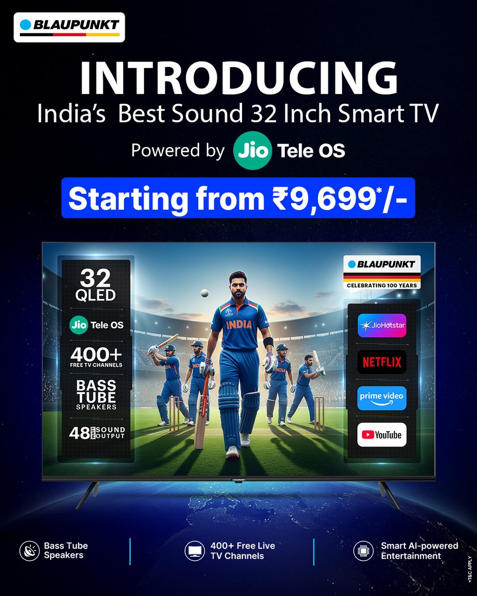 Upgrade your living room to stadium‑grade thrills with Blaupunkt’s new 32‑inch QLED Smart TV powered by Jio Tele OS punchy bass tube speakers, crisp visuals, and instant access to loads of apps and live channels. 

#BlaupunktTV #JioTeleOS #FlipkartDeals #SmartTVIndia