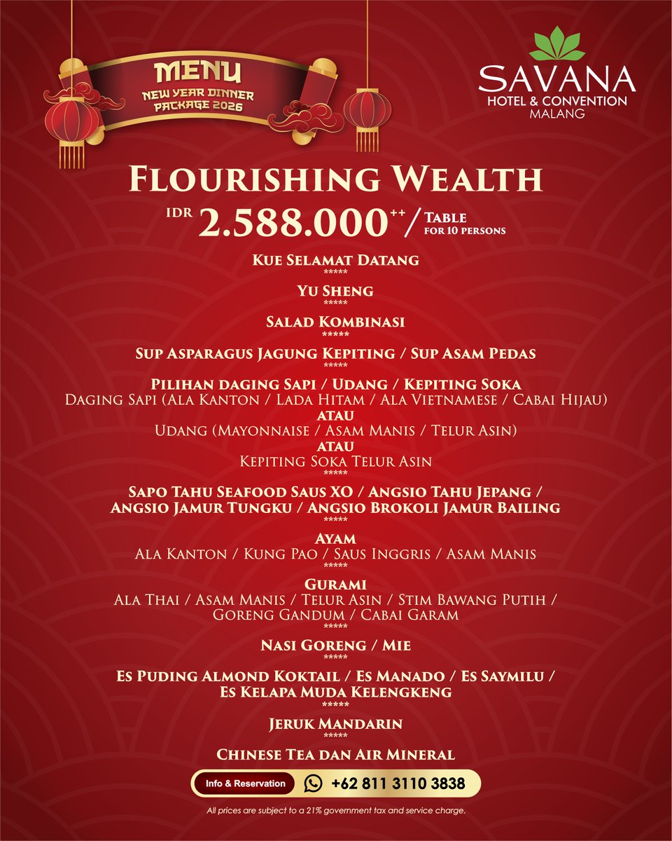 Celebrate Chinese New Year with your loved ones at Savana Hotel &amp; Convention Malang 🧧✨
Enjoy our Chinese New Year Family Dinner Package for 10 persons—perfect for festive gatherings and reunions.
📞 Info &amp; Reservation: +62 811 3110 3838