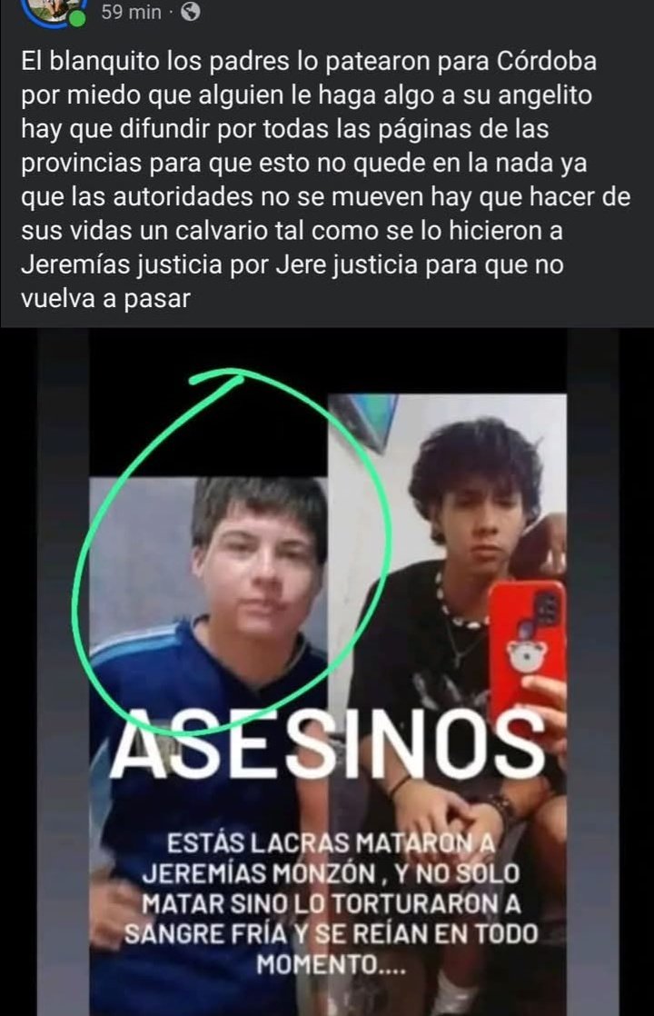 ElisabedSilvia's tweet photo. @mauroszeta La tragedia de jeremias monzon tiene que hacerse conocer, adolescente que fue torturado y asesinado por su novia y amigos de 14,15 y 18 años su pareja, #leyjeremias para q baje la imputabilidad así los asesinos pagan!!!! #justiciaporjeremiasmonzon https://t.co/gmfqYGKWuH