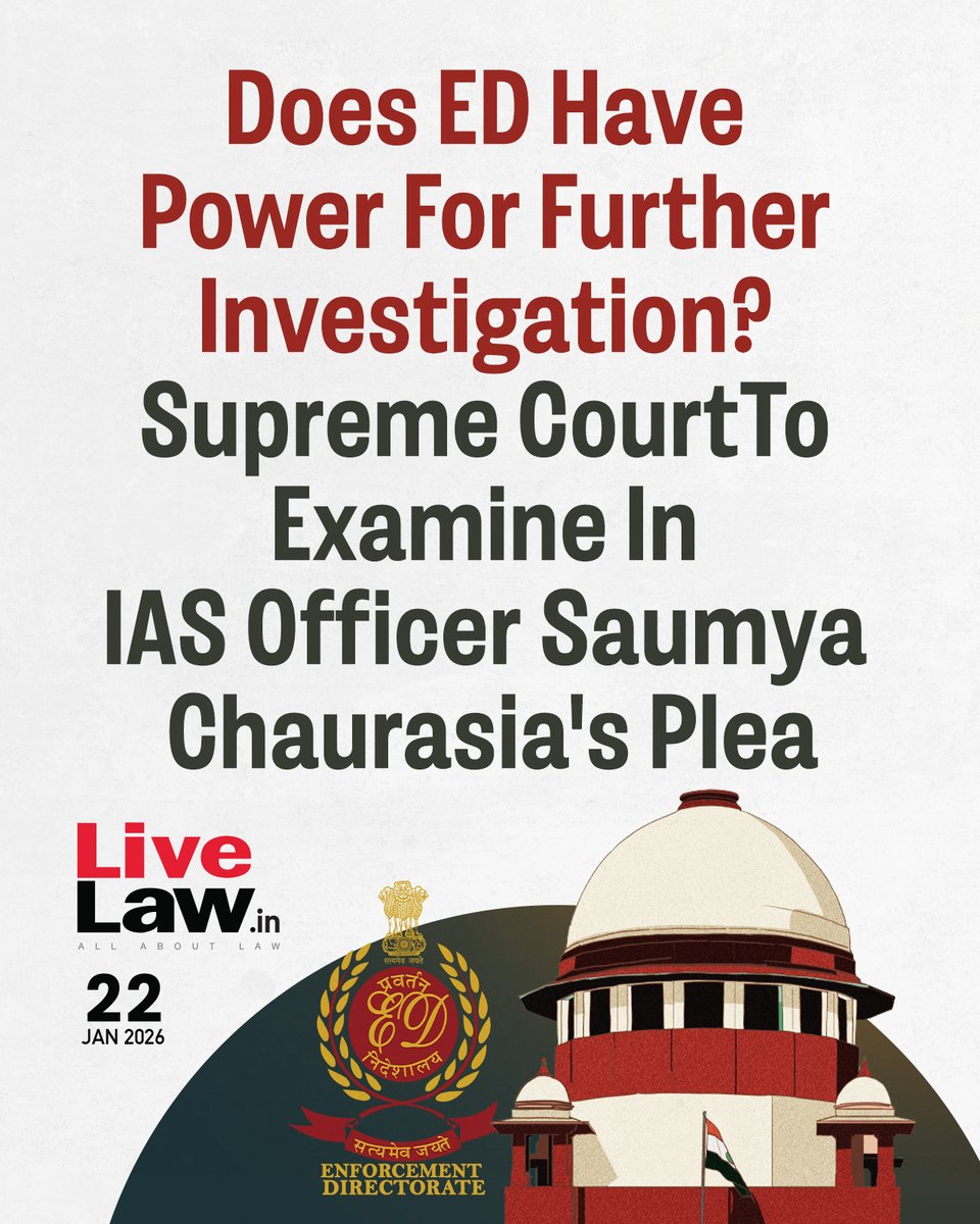LiveLawIndia's tweet image. The Supreme Court recently agreed to consider a writ petition filed by IAS officer Saumya Chaurasia challenging her arrest done by ED under the wider interpretation of 'further investigation' under the PMLA Act 2002.
Read more: zurl.co/AEiyp 
#SupremeCourt  #ED  #PMLA