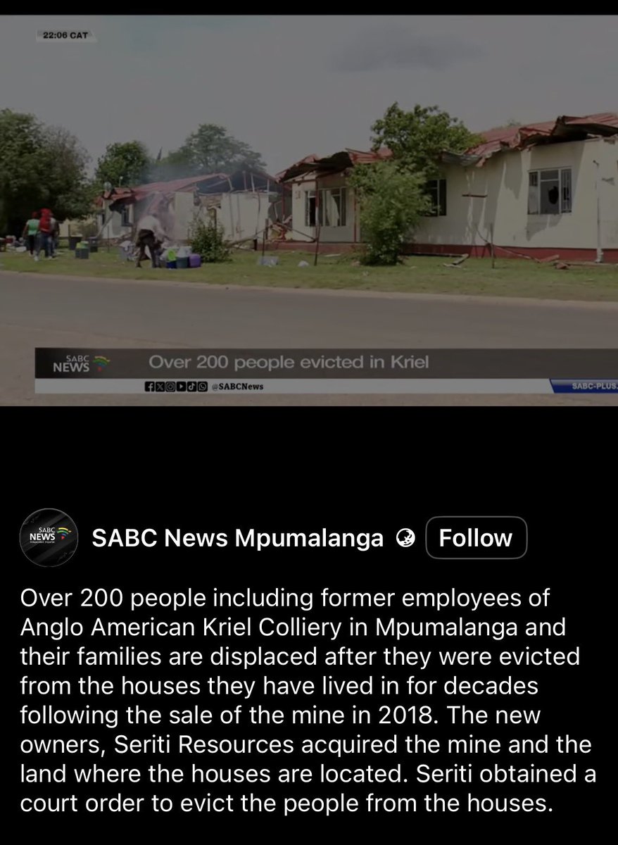 Mpumalanga families evicted from the houses that were built for them by the mining company, the new mining company evicted them.

It is interesting to note that undocumented immigrants seem to have more rights than South African citizens. Flats in Jhb are being occupied by