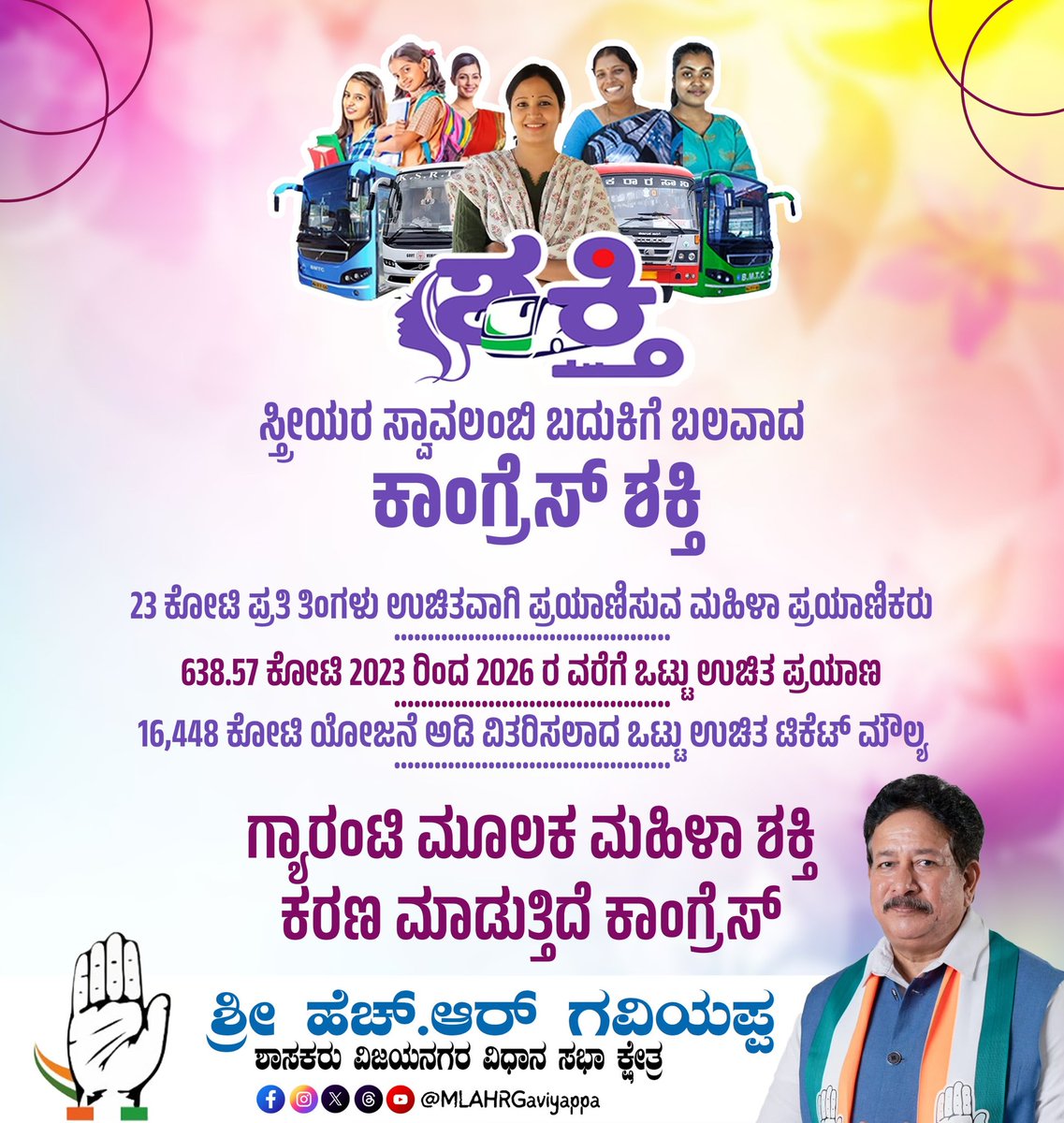 MLAHRGaviyappa's tweet image. ಮಹಿಳೆಯರಿಗೆ ಪ್ರಯಾಣದ ಉಳಿತಾಯದ ಶಕ್ತಿ!

ನಮ್ಮ ಸರ್ಕಾರದ ಶಕ್ತಿ ಯೋಜನೆ ಮೂಲಕ ಮಹಿಳೆಯರಿಗೆ ಉಚಿತ ಬಸ್ ಪ್ರಯಾಣ ನೀಡುವ ಮೂಲಕ ಆರ್ಥಿಕ ಬೆಂಬಲ ನೀಡಿದೆ. ಕಳೆದ ಎರಡೂವರೆ ವರ್ಷದಲ್ಲಿ ಈ ಯೋಜನೆ ಮೂಲಕ ಮಹಿಳೆಯರಿಗೆ ₹16,448 ಕೋಟಿ ಉಳಿತಾಯವಾಗಿದೆ.

#hrgaviyappa #hospete #shakthiyojane 
@INCKarnataka
