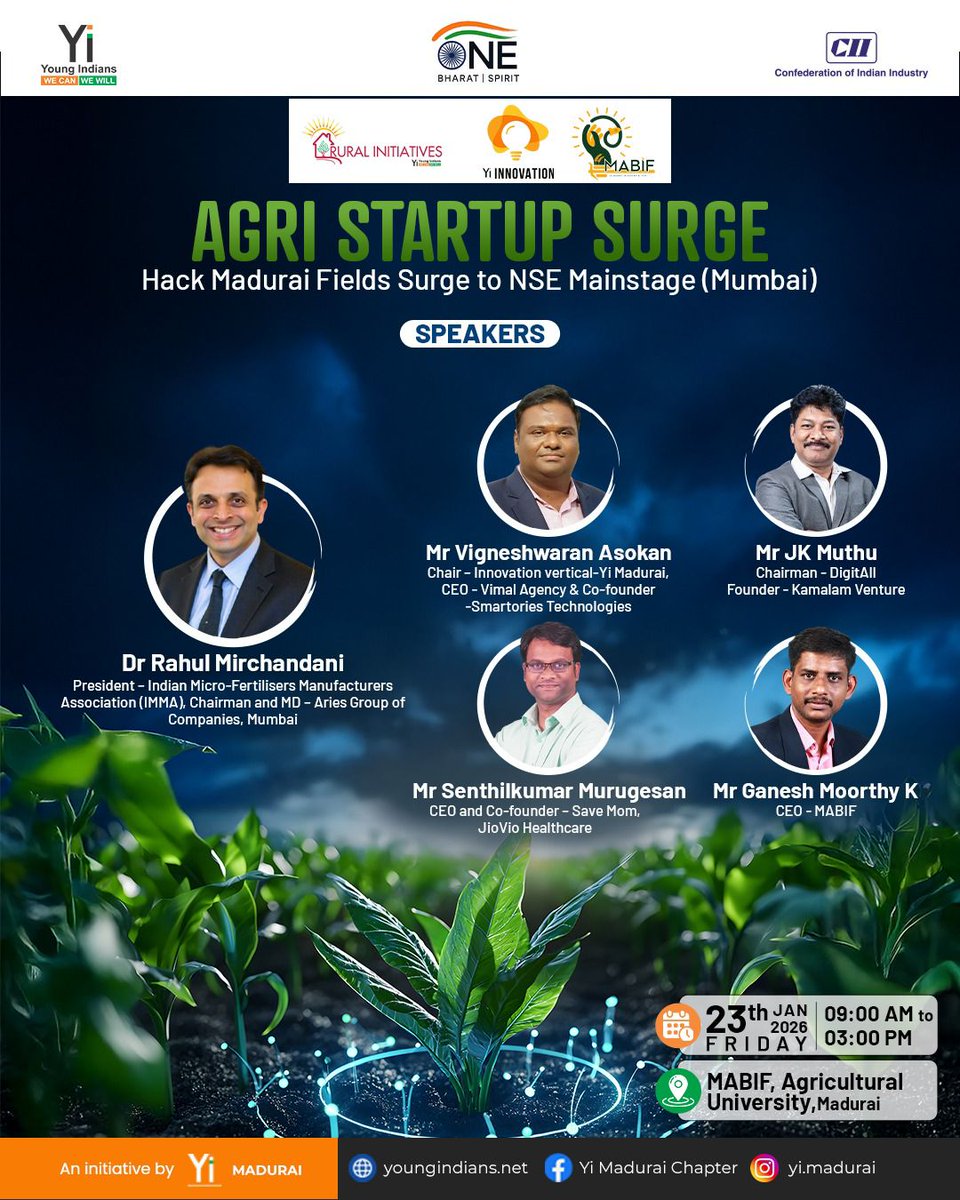 Agri Startup Surge

Yi Madurai in association with NABARD MABIF invites agri startups, innovators, and entrepreneurs to a high-impact Hackathon &amp; Pitch Fest designed to take rural agri innovations to the national spotlight.

📞 Contact: Mr. P. Perumal, AM +91 87606 96072
