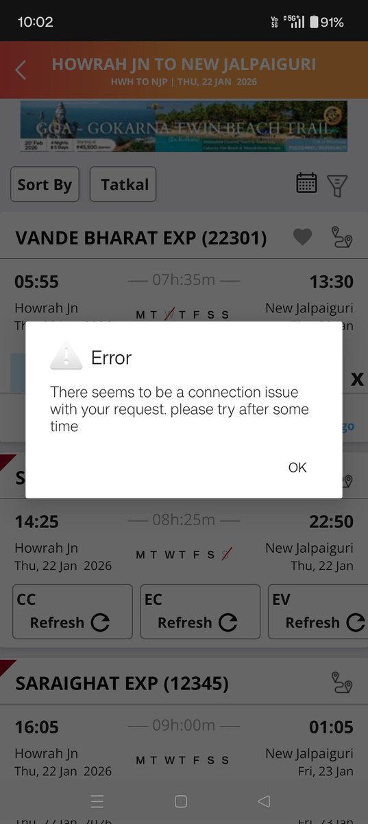 yogeshconnects's tweet photo. @AshwiniVaishnaw @RailMinIndia @PMOIndia 
Why do we get connection issue and are required to give captcha again and again when we try for tatkal booking at 10 a m...I have tried this for last 3 days...and when seat gets full at 10.20 a.m ,it shows waiting list.. please resolve https://t.co/YM6ubs18xv