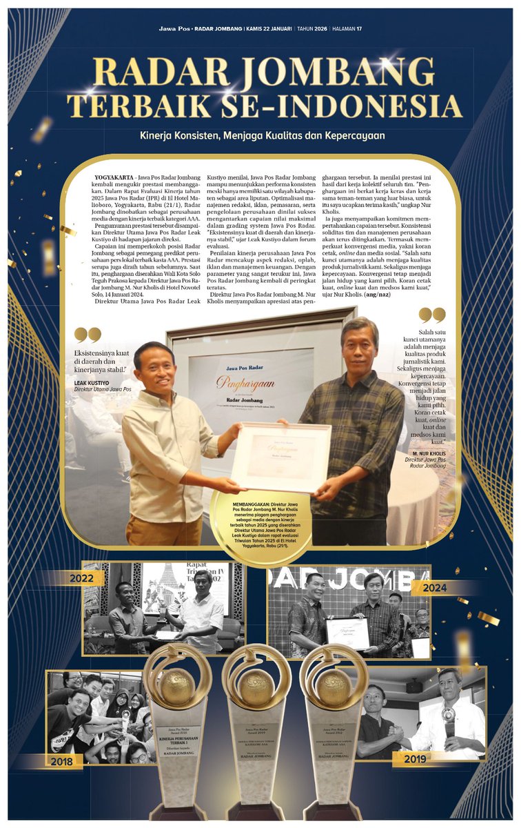 radarjombang's tweet photo. "Jawa Pos Radar Jombang" kembali mengukir prestasi membanggakan. 

Dalam Rapat Evaluasi Kinerja tahun 2025 Jawa Pos Radar (JPR) di El Hotel Malioboro, Yogyakarta, Rabu (21/1), Radar Jombang dinobatkan sebagai "Perusahaan Media dengan Kinerja Terbaik Kategori AAA". https://t.co/8JHxwqGx0K