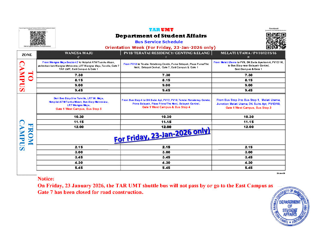 KlTaruc's tweet photo. TAR UMT shuttle bus schedule 
(Orientation Week)
 (For 23-Jan-2026 only) https://t.co/10YNHCaWuR