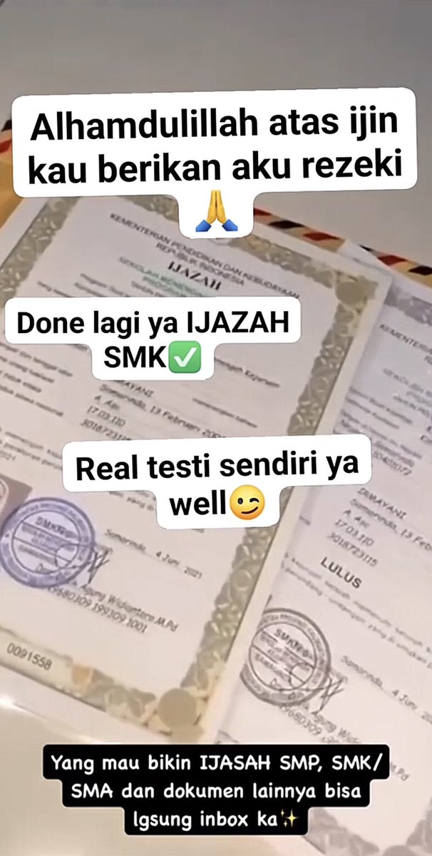 basvle's tweet image. Jasa pembuatan dokumen asli anti ribet✨
Melayani pengurusan atau pembuatan dokumen beriku:
-SKCK
-IJAZAH
-KTP KK AKTE
-SURAT CERAI DLL
Dokumen yang di buat merupakan dokumen asli yaa,yang mau order ke wa kita di bio☎️✨